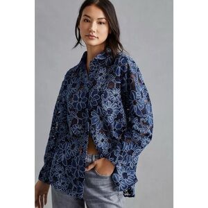 Anthropologie Pilcro Semi Sheer Lace Blouse Button Down in Navy Blue